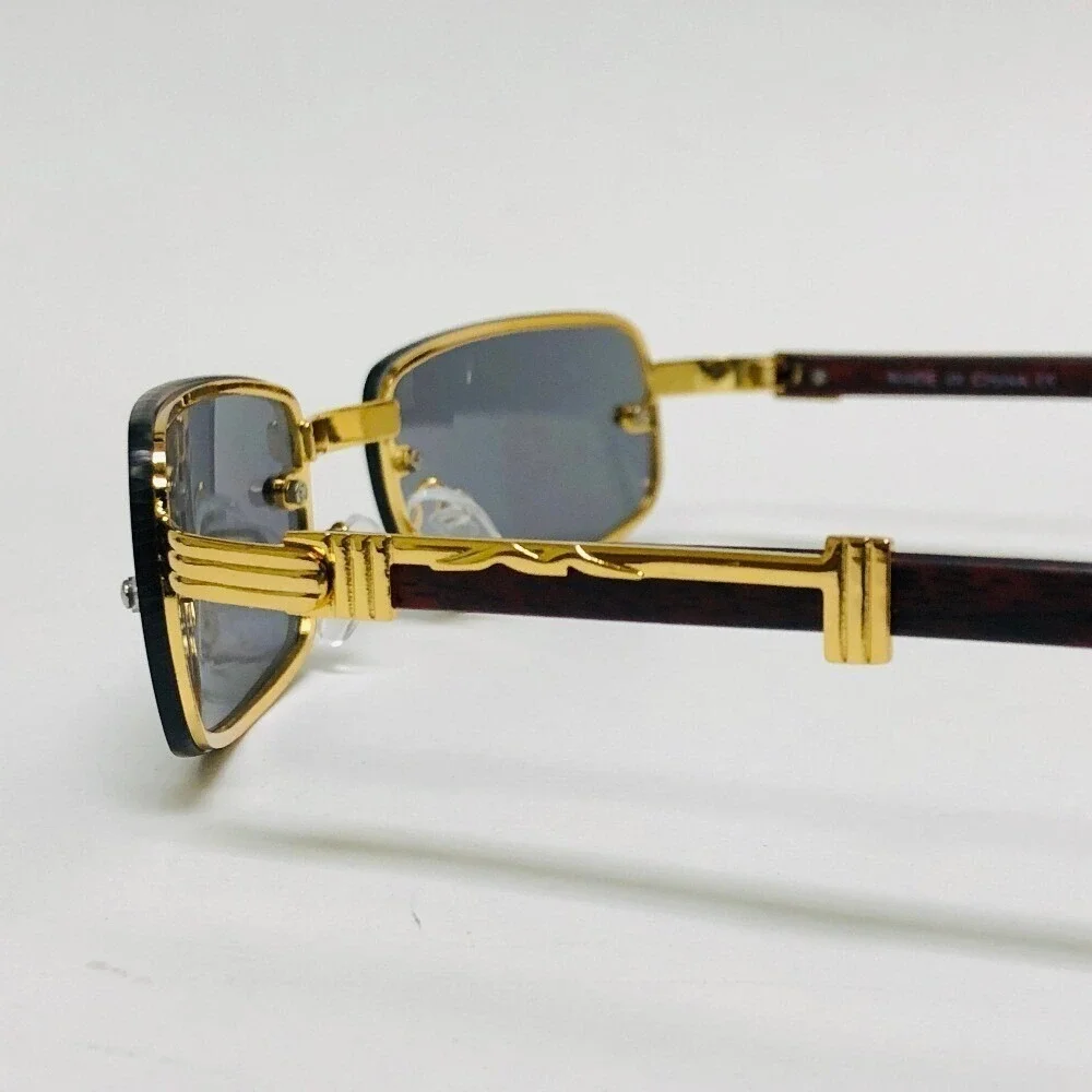 Rimless Sunglasses Rectangle Gold Wood Arms WomenFashion‎ Dark Black Lens Lentes